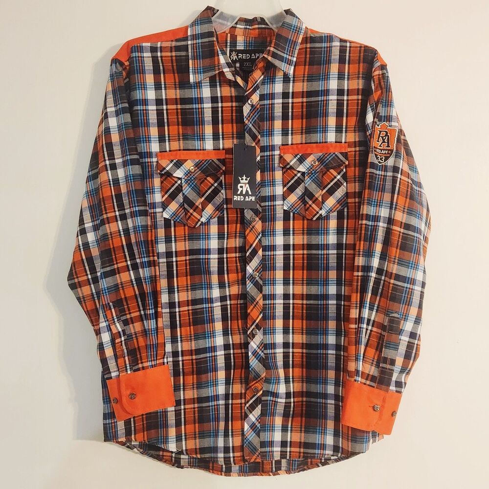 Red Ape Mens Button Up Shirt 2XL Orange Blue
